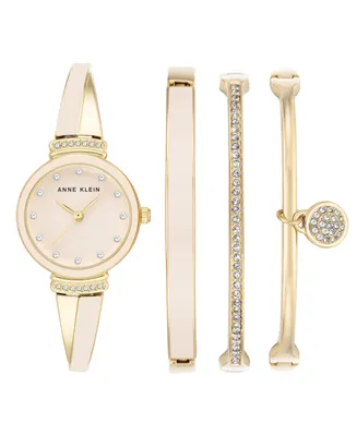 Anne Klein Women's Gold-Tone Alloy Bangle with Pink Enamel Fashion Watch 33.5mm and Bracelet Set - Pink, Gold