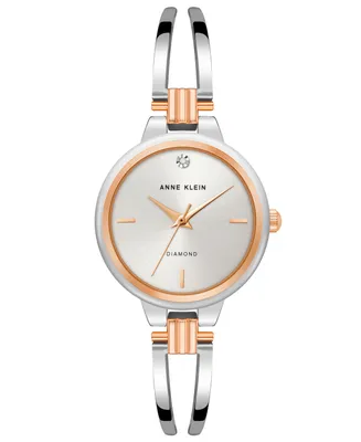 Anne Klein Women's Two-Tone Alloy Open Bangle with Genuine Diamond Accent At 12 O'Clock Watch, 29.5mm - Silver-tone, Rose Gold