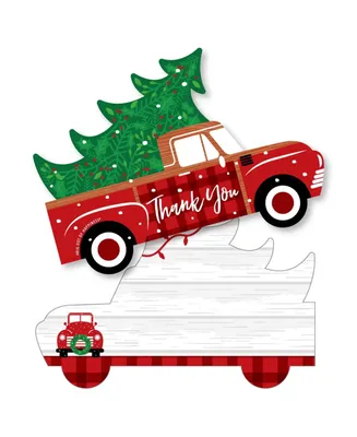 Merry Little Christmas Tree - Red Truck Shaped Thank You Cards & Envelopes 12 Ct