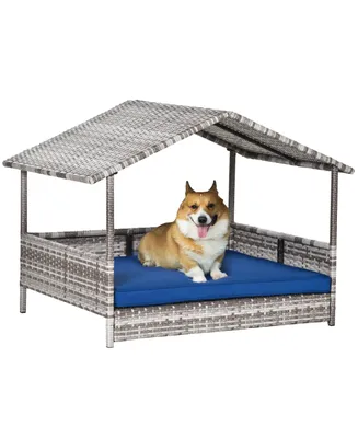 PawHut Elevated Wicker Dog House, Raised Rattan Pet Bed Cabana Canopy