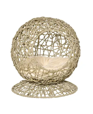PawHut Elevated Cat Bed Wicker for Kitty Scratching and Circulation Tan