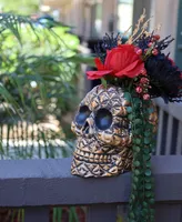 Flora Bunda Halloween Floral Arrangement with Rose String of Pearls in Ceramic Skull, 6.25" - Gold