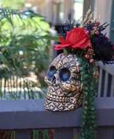 Flora Bunda Halloween Floral Arrangement with Rose String of Pearls in Ceramic Skull, 6.25"