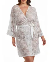 iCollection Jasmine Plus Soft Sheer Lace Robe with Self Tie Satin Sash
