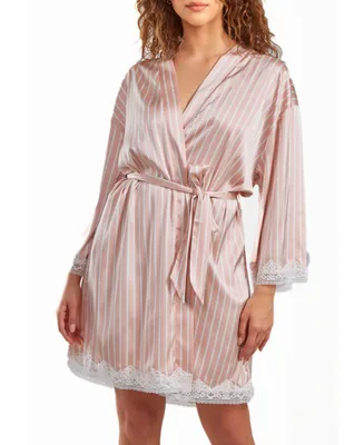 iCollection Women's Brillow Satin Striped Robe with Self Tie Sash and Trimmed Lace