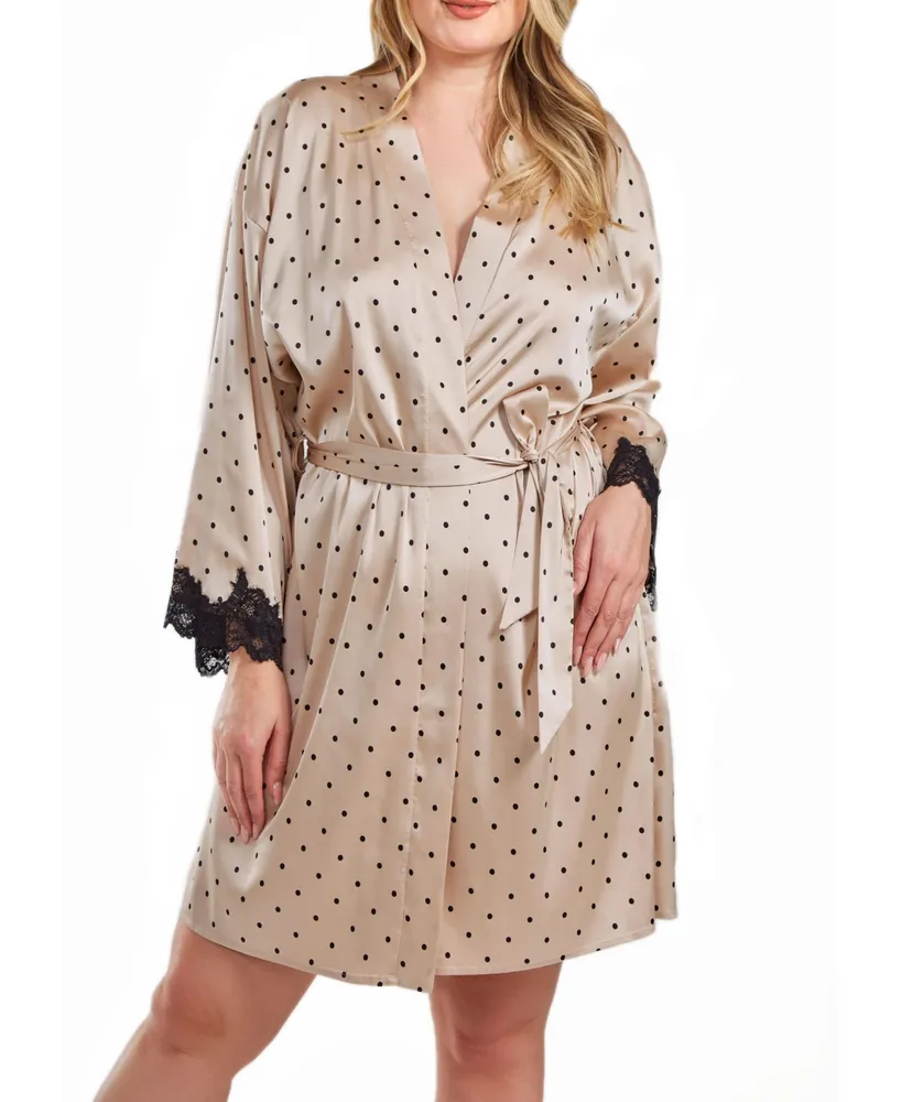 iCollection Kareen Plus Dotted Satin Robe with Lace Trimmed Sleeves and Self Tie Sash