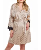 iCollection Kareen Plus Dotted Satin Robe with Lace Trimmed Sleeves and Self Tie Sash