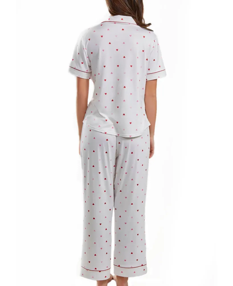 iCollection Kyley Plus Pajama Heart Print Pant Set Trimmed Red with Front Pockets, 2 Piece - White