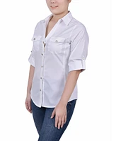 Ny Collection Petite Roll Tab Blouse with Rib Insets