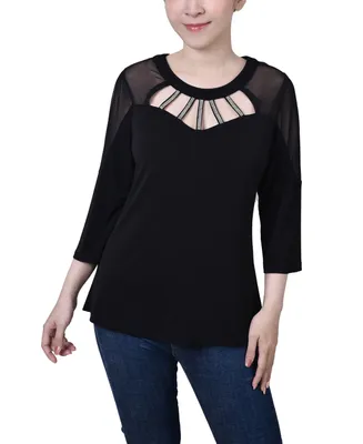Ny Collection Petite 3/4 Sleeve Top with Neckline Cutouts and Stones