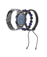 American Exchange Men's Quartz Movement Shiny Gunmetal Bracelet Analog Watch, 45mm with Stackable Bracelet Set and Zippered Travel Pouch