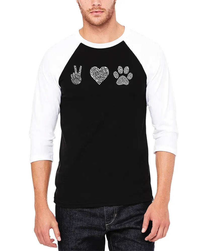 La Pop Art Men's Raglan Baseball 3/4 Sleeve Peace Love Dogs Word T-shirt