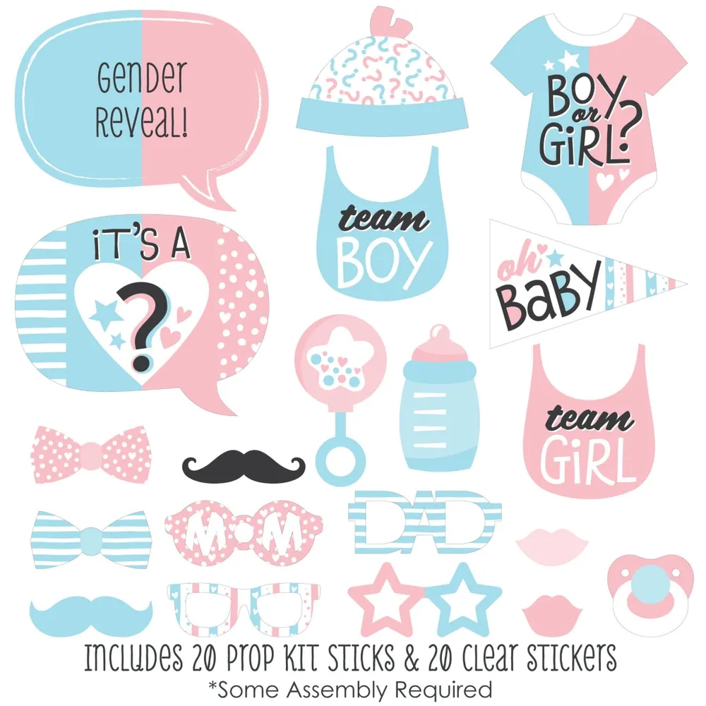 Baby Gender Reveal - Team Boy or Girl Party Photo Booth Props Kit - 20 Count