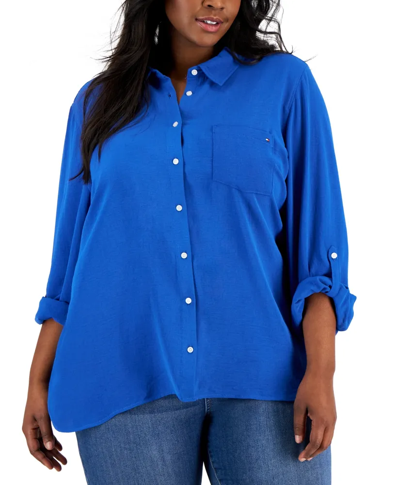 Tommy Hilfiger Plus Size Roll-Tab-Sleeve Button-Down Emblem Shirt