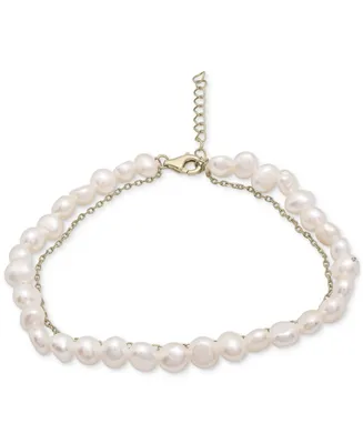 Cultured Freshwater Pearl (4mm) & Chain Link Layered Bracelet in 14k Gold-Plated Sterling Silver