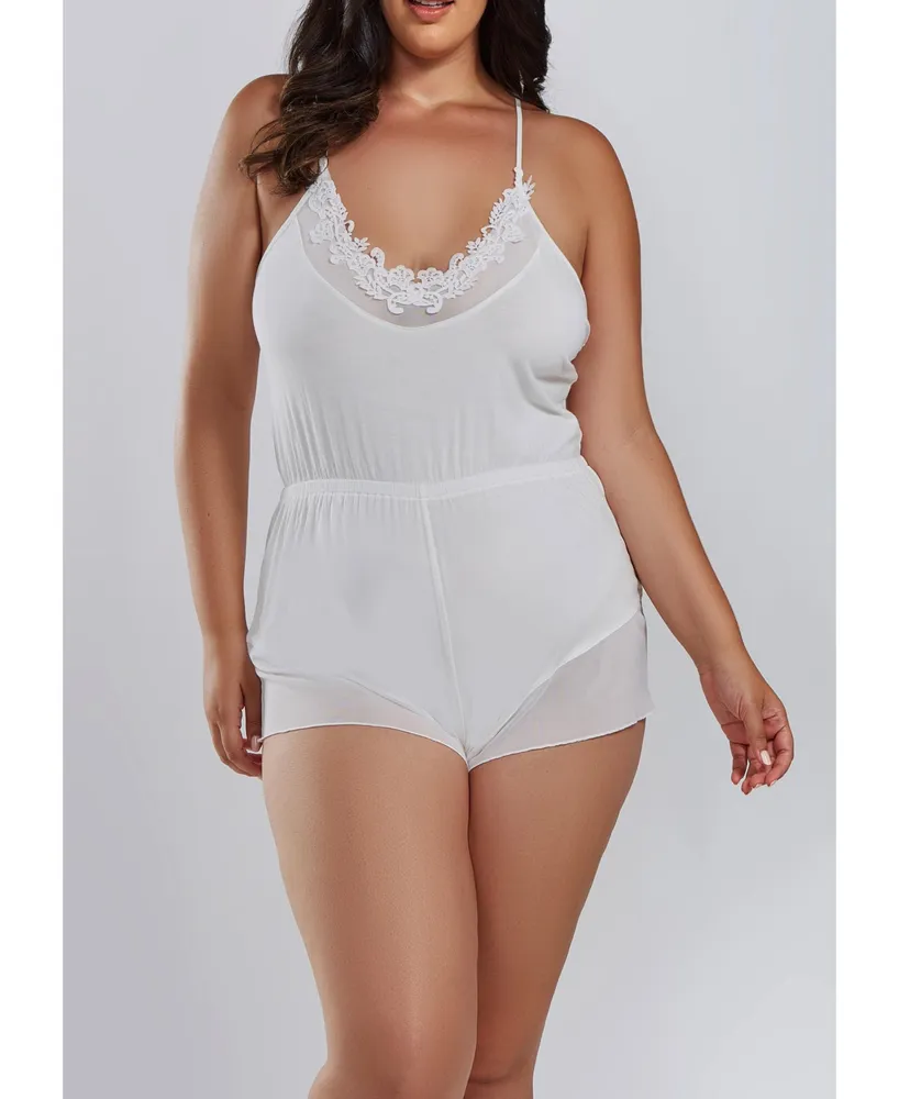 ICollection Cecily Plus Lace Ultra Soft Romper Trimmed Sheer Mesh