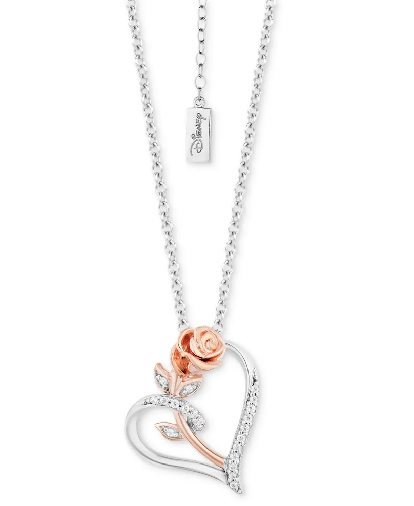 Enchanted Disney Fine Jewelry Diamond Belle Rose Heart Pendant Necklace (1/10 ct. t.w.) in Sterling Silver & 14k Rose Gold, 16" + 2" extender