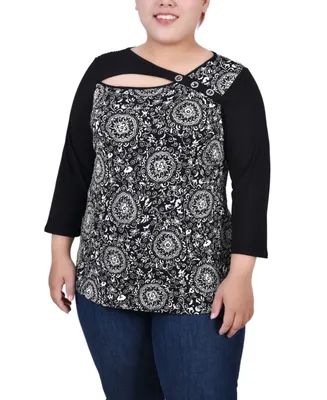 Ny Collection Plus 3/4 Sleeve Puff Print Cutout Top