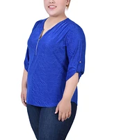 Ny Collection Plus Size 3/4 Roll Tab Zip Front Jacquard Knit Top