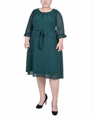 Ny Collection Plus Size 3/4 Sleeve Belted Swiss Dot Dress
