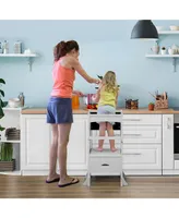 Qaba Kids Kitchen Foldable Step Stool w/ Chalkboard & Handrail 3-6 Yrs Old