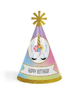 Rainbow Unicorn - Cone Magical Unicorn Happy Birthday Party Hats - Set of 8