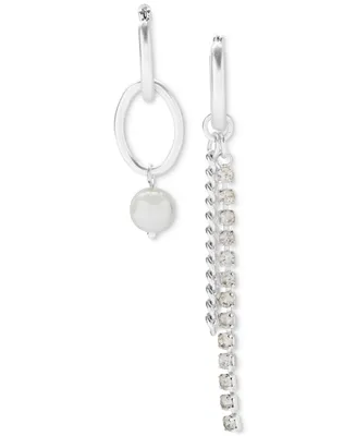 Lucky Brand Silver-Tone Crystal Chain & Imitation Pearl Charm Mismatch Hoop Earrings