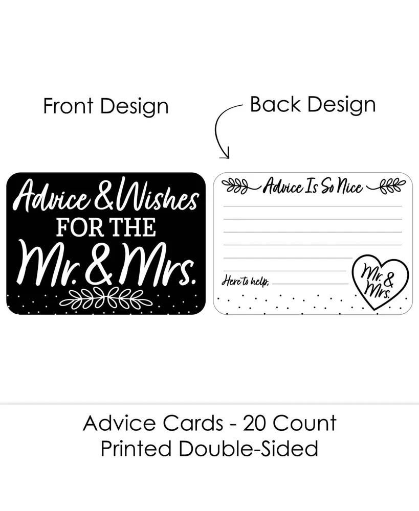 Mr. & Mrs. - Black & White Wedding Activities - Shaped Advice Cards Game - 20 Ct