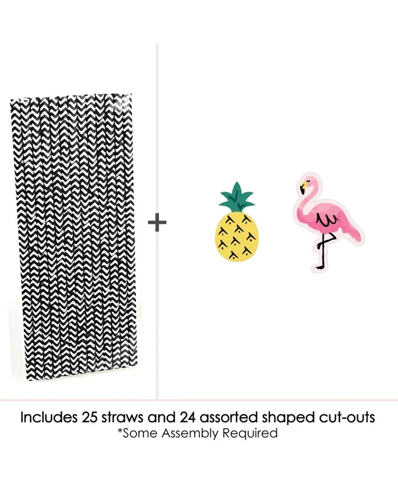 Pink Flamingo Paper Straw Decor - Tropical Summer Striped Decor Straws - 24 Ct