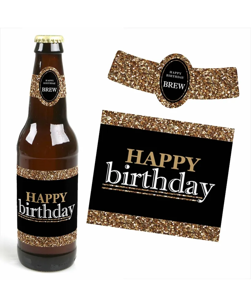 Adult Happy Birthday - Gold - Birthday Decor - 6 Beer Bottle Labels & 1 Carrier