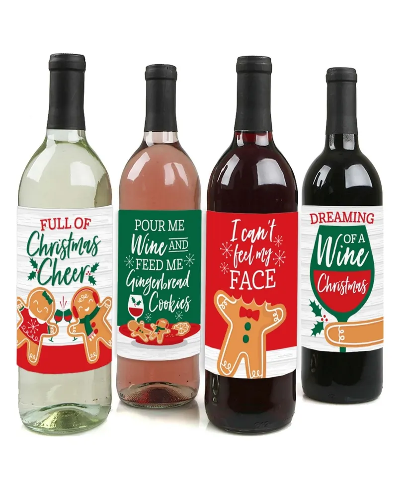 Gingerbread Christmas - Holiday Party Decor Wine Bottle Label Stickers - 4 Ct - Assorted Pre