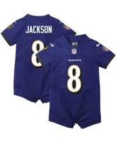 Boys and Girls Newborn Infant Nike Lamar Jackson Purple Baltimore Ravens Romper Jersey