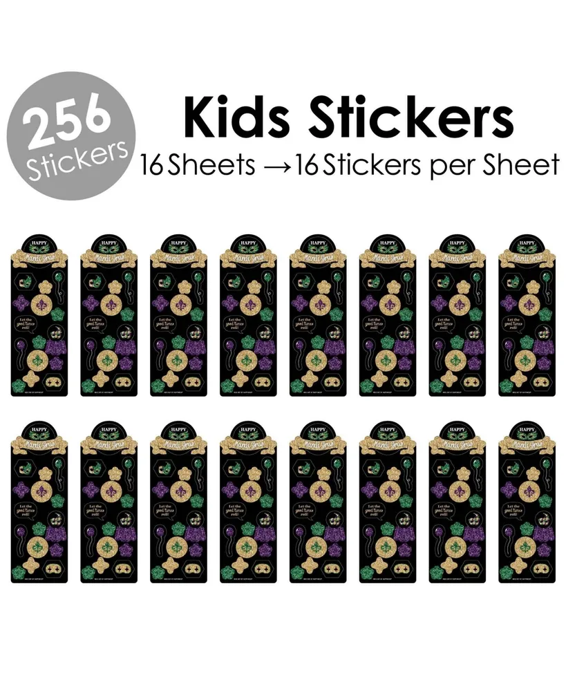 Big Dot of Happiness Mardi Gras - Masquerade Party Favor Kids Stickers - 16  Sheets - 256 Stickers