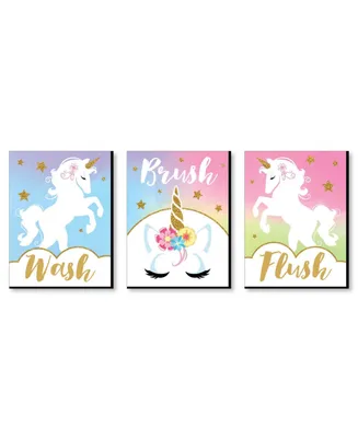 Rainbow Unicorn - Wall Art - 7.5 x 10 in - Set of 3 Signs - Wash, Brush, Flush