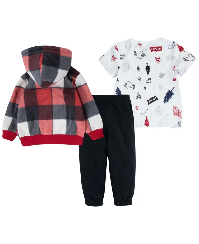 Levi's Baby Boys Plaid Full-Zip Hoodie, Short Sleeve T-shirt and Joggers, 3  Piece Set