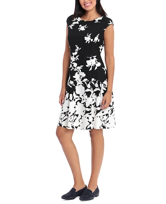 London Times Women's Printed Cap-Sleeve Fit & Flare Dress