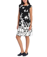 London Times Women's Printed Cap-Sleeve Fit & Flare Dress