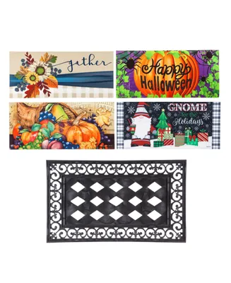 Evergreen Indoor Outdoor Doormat Bundle Set of 5 - Frame and 4 Welcome Seasonal Inserts Halloween Pumpkin Gnome Gather Harvest Thanksgiving