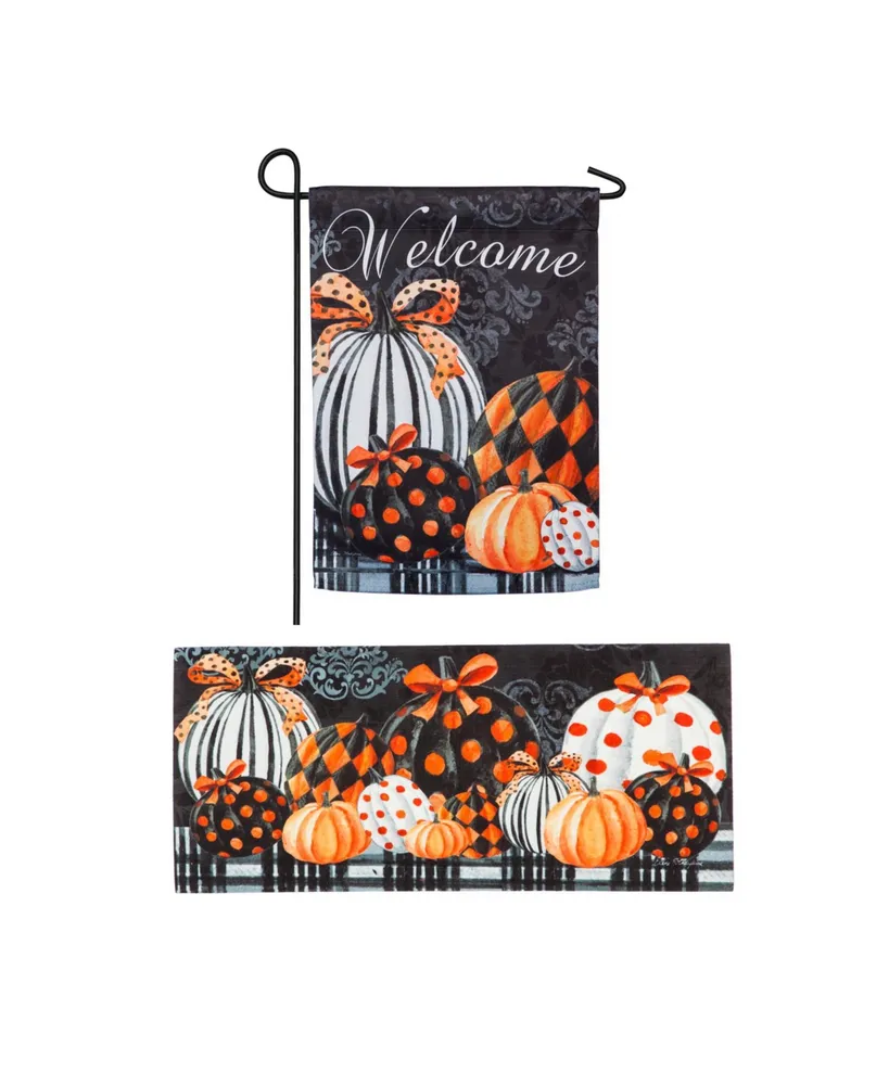 Evergreen Elegant Pattern Pumpkins Set of 2 Garden Flag and Sassafras Doormat Bundle Set