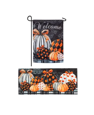 Evergreen Elegant Pattern Pumpkins Set of 2 Garden Flag and Sassafras Doormat Bundle Set