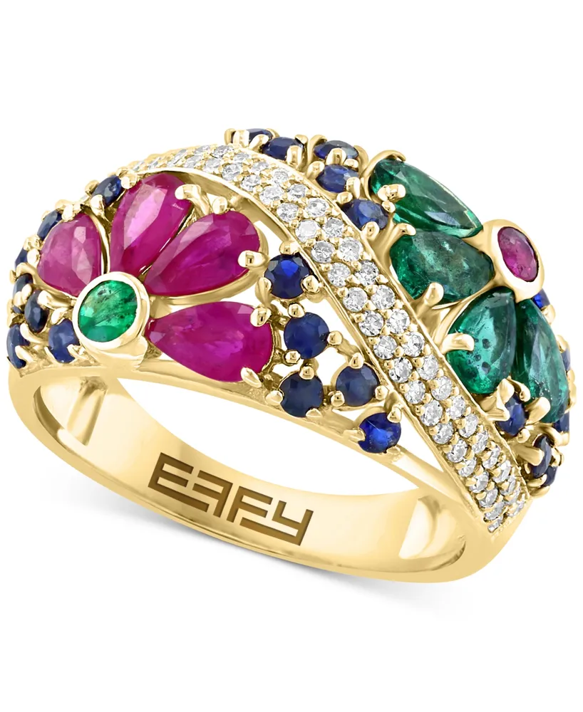 Effy Multi-Gemstone (2-3/4 ct. t.w.) & Diamond (1/4 ct. t.w.) Flower Openwork Ring in 14k Gold