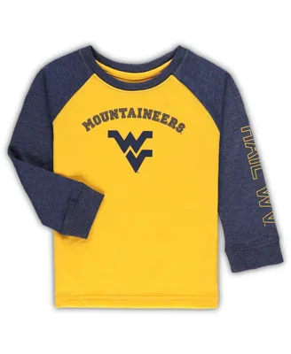 Toddler Boys and Girls Colosseum Heathered Gold, Heathered Navy West Virginia Mountaineers Two-Hit Raglan Long Sleeve T-shirt