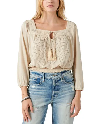Lucky Brand Women's Beaded Embroidered Peasant Top