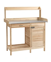 Wood Potting Bench Workstation Table w/ Storage Cabinet, Shelf Natural