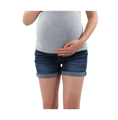 Indigo Poppy Maternity Rolled Cuff Denim Short with Belly Band