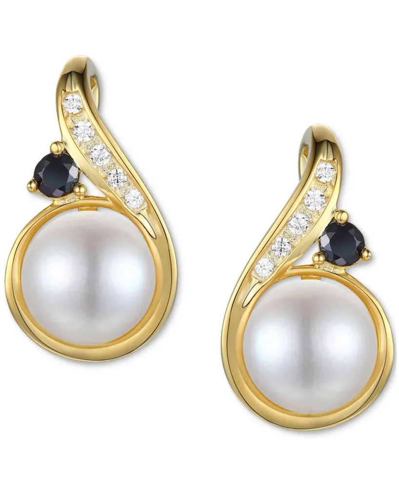 Cultured Freshwater Pearl (6mm), Onyx, & Diamond Earrings in 10k Gold