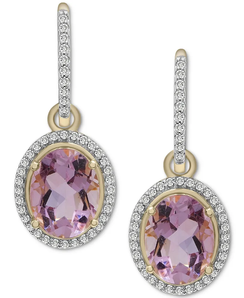 Pink Amethyst (3-1/3 ct. t.w.) & Diamond (1/4 ct. t.w.) Oval Halo Dangle Hoop Earrings in 14k Gold