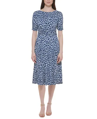 Jessica Howard Petite Printed Boat-Neck Ruched-Waist Dress