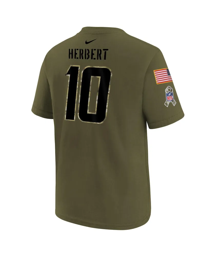 Big Boys Nike Justin Herbert Olive Los Angeles Chargers 2022 Salute To Service Name and Number T-shirt