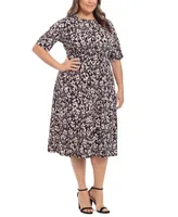 London Times Plus Floral-Print Short-Sleeve Midi Dress